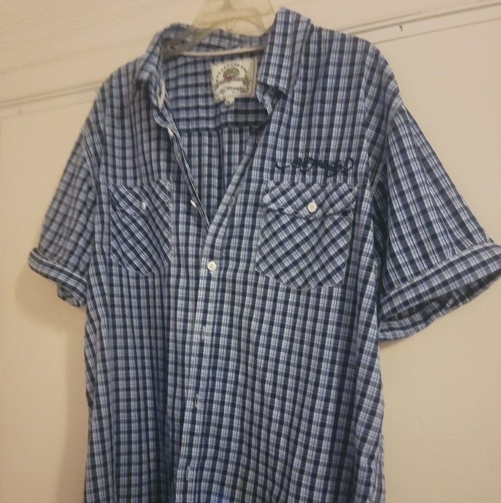 Ed Hardy Button Up Shirt Men's Size XLBlue Plaid Short Sleeve Embroidered Tattoo